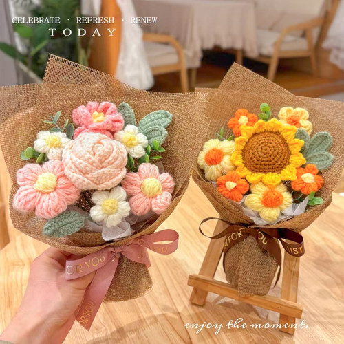 迷你毛线花束成品仿真花永生花向日葵针织花束毕业送女友生日礼物