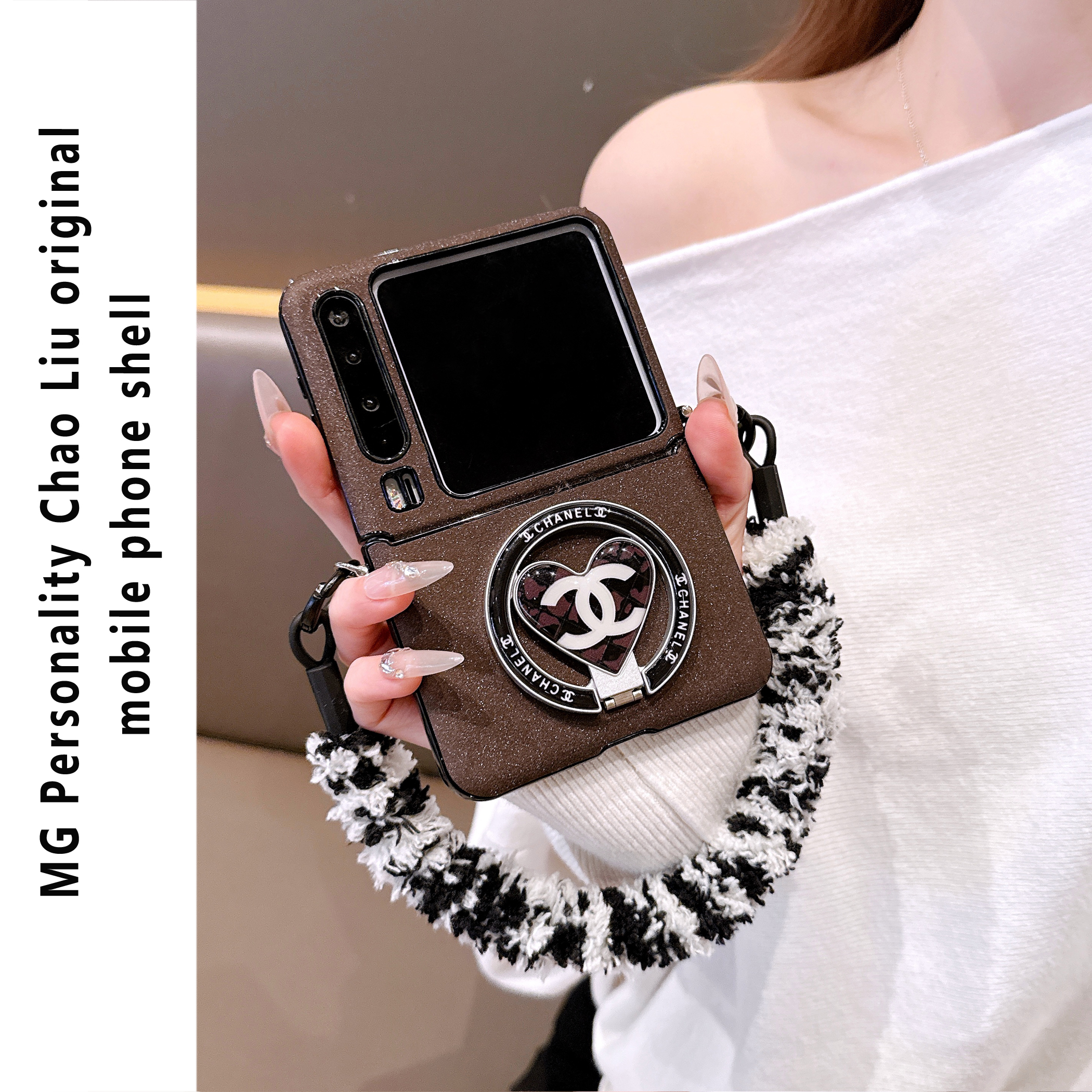 ins风深咖字母支架适用华为PuraX手机壳三星zflip7折叠屏pocket2网红新款OPPOfindN3flip女款手提链条斜挎潮