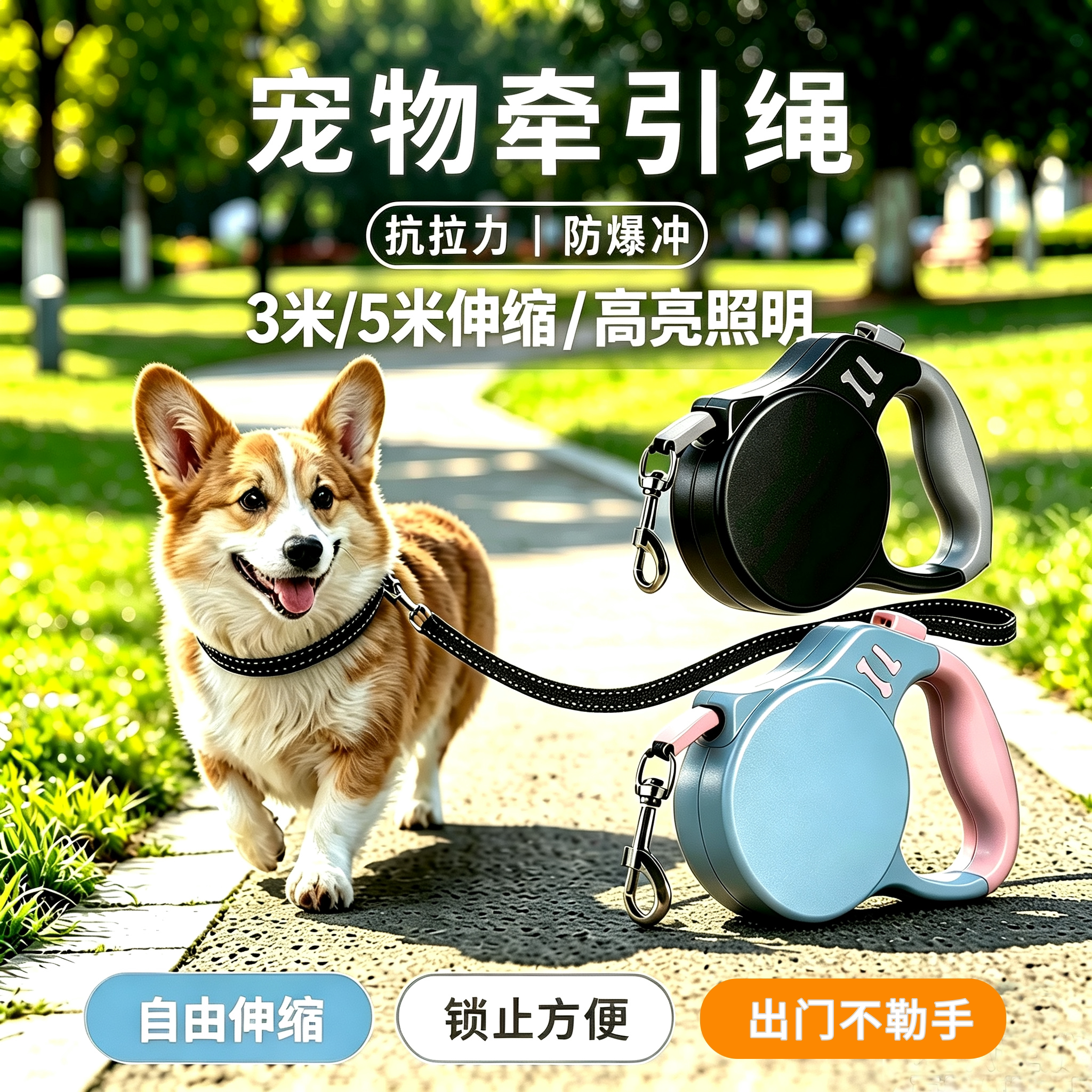宠物牵引器自动伸缩遛狗绳外出防挣脱小中型犬带灯狗链跑步牵引绳