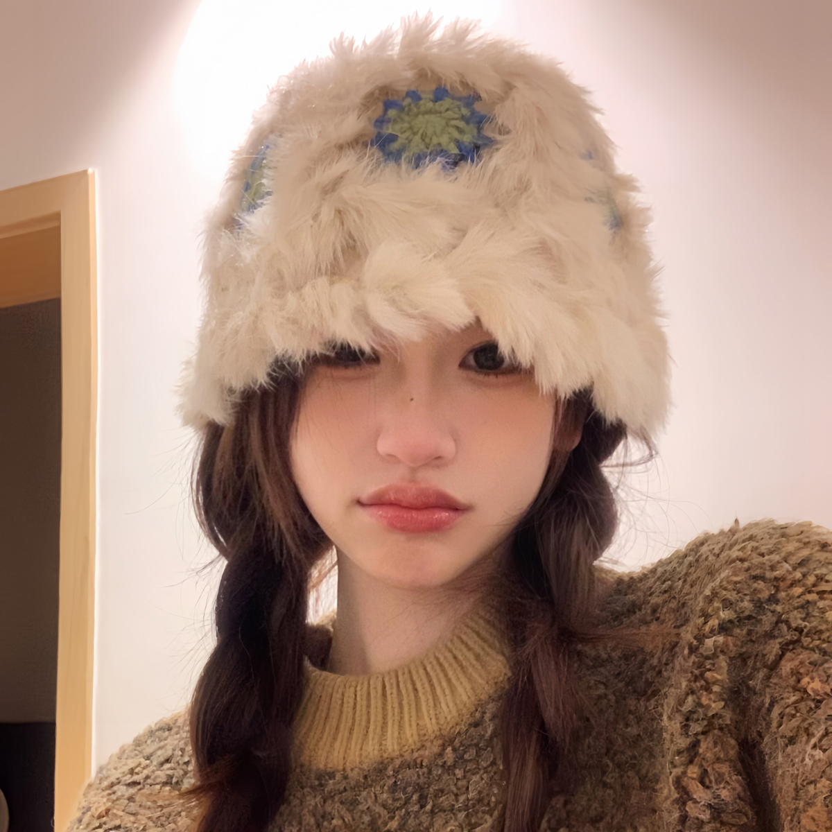 2025新款兔毛醒狮帽女秋冬季出游逛街中国风针织毛线渔夫帽大头围