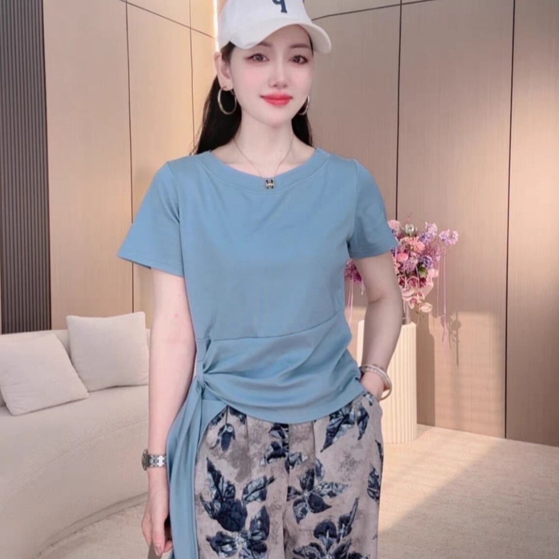 不规则下摆绑带纯色蓝色短袖T恤2025夏修身显瘦上衣洋气减龄小衫