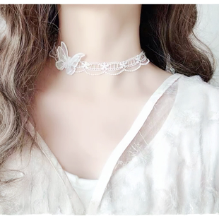 显脸小 森系小仙女蝴蝶镂空锁骨链 短款颈链法式choker蕾丝项链