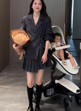 大码女装西装连衣裙春秋新款法式高级感长袖显瘦假两件套西装裙子