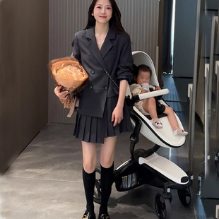 大码女装西装连衣裙春秋新款法式高级感长袖显瘦假两件套西装裙子