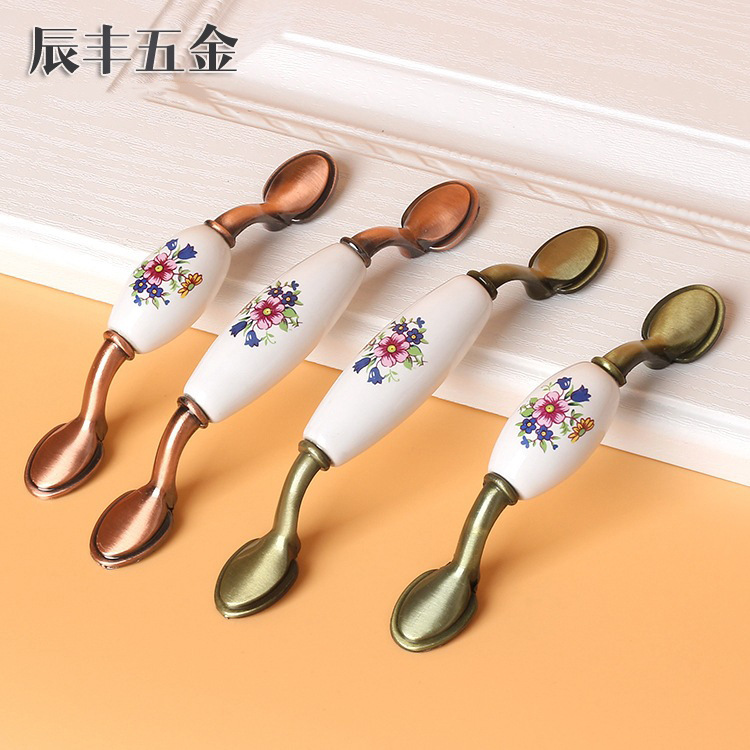 欧式青古铜陶瓷拉手现代田园五金橱柜衣柜门拉手金花抽屉把手