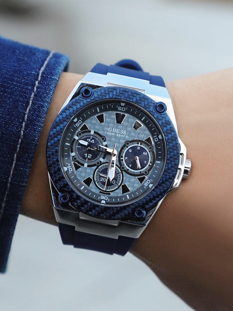 代购专柜正品Guess手表蓝色硅胶表带三眼大表盘运动石英表W1049G1