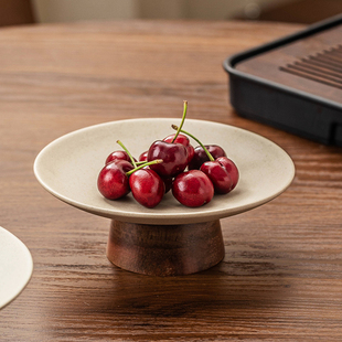 中式木质高脚茶点盘精致高足点心盘复古干果坚果家用粗陶水果盘