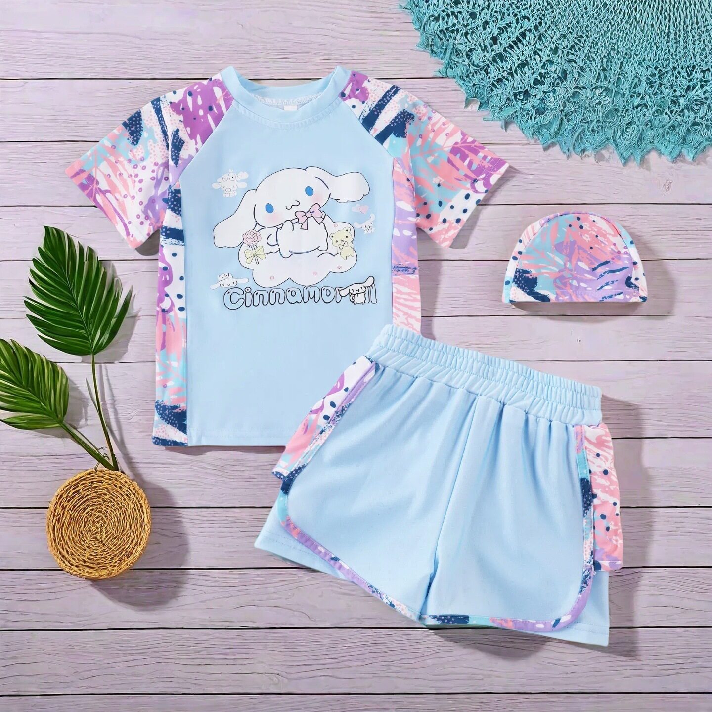 玉桂狗儿童分体泳衣短袖短裤大耳狗女孩游泳小宝宝泡温泉装备海边