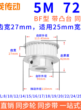 同步带轮5M72齿BF槽宽27带凸台内孔56 8 10 12 14 15 19 20同步轮