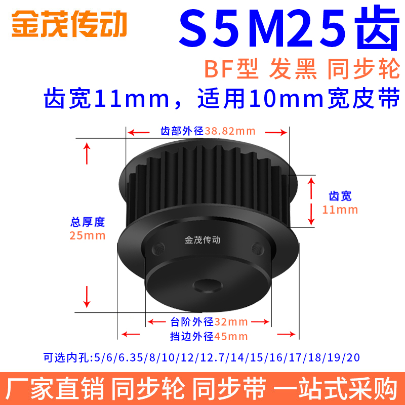 同步带轮S5M25齿钢发黑BF槽宽11内孔5 6.35 8 10 12 145同步轮S5M