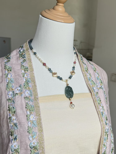 春不晚手作危料山水牌短璎珞背云汉服旗袍背云古风配饰春夏