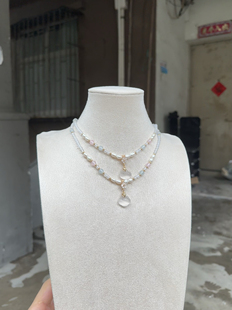 春不晚手作蝶贝水沫玉宝宝锁蓝粉璎珞汉服旗袍背云项链古风配饰