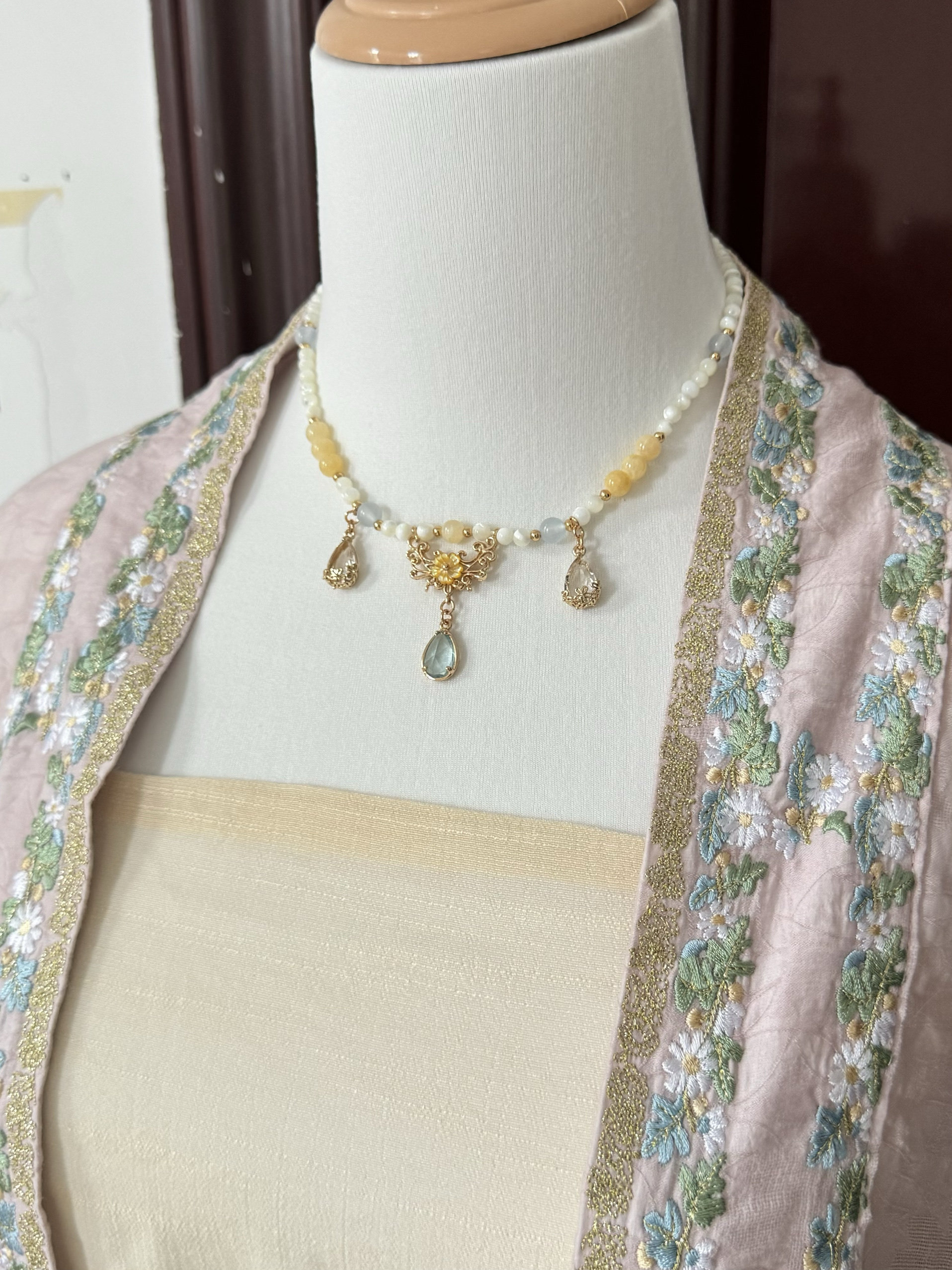 春不晚 原创设计黄蓝软璎珞珍珠流苏项链新中式旗袍古装配饰品女