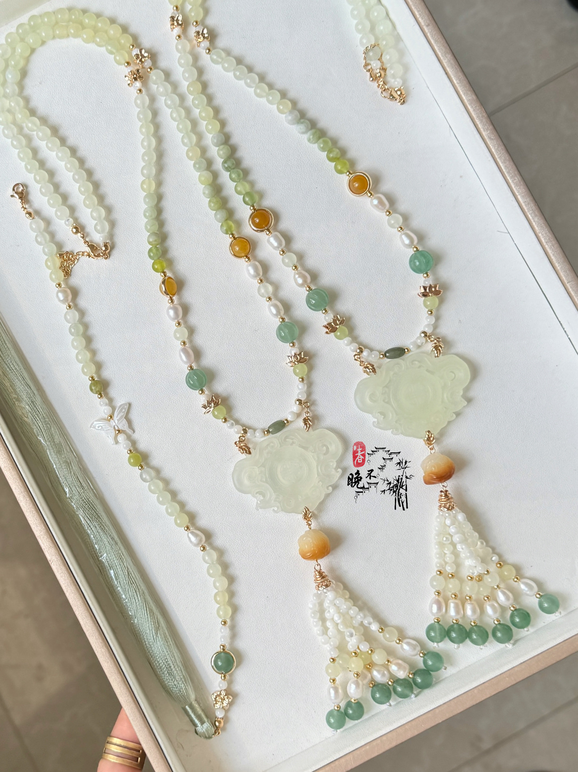 春不晚手作 原创淡水珍珠岫玉璎珞背云汉服旗袍配饰项链