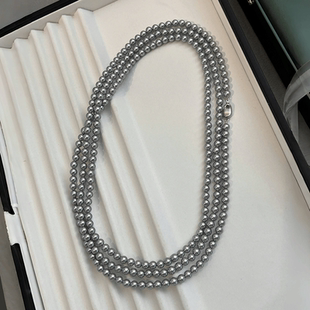 爆款 毛衣链叠戴2026新款 颈链6mm 女款 真多麻铂金灰色珍珠项链长款