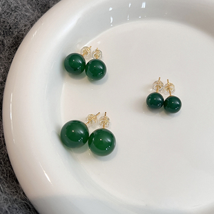 冰种绿玉髓耳钉女新中式巴西菠菜绿耳饰耳环气质复古国风玛瑙秋冬