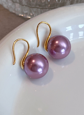 紫罗兰珍珠耳挂式耳环高跟鞋款14mm大气紫色大颗珍珠耳钉复古耳饰