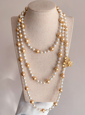 长款珍珠项链女款轻奢小众2025新款南洋金珠高级感毛衣链多层叠戴