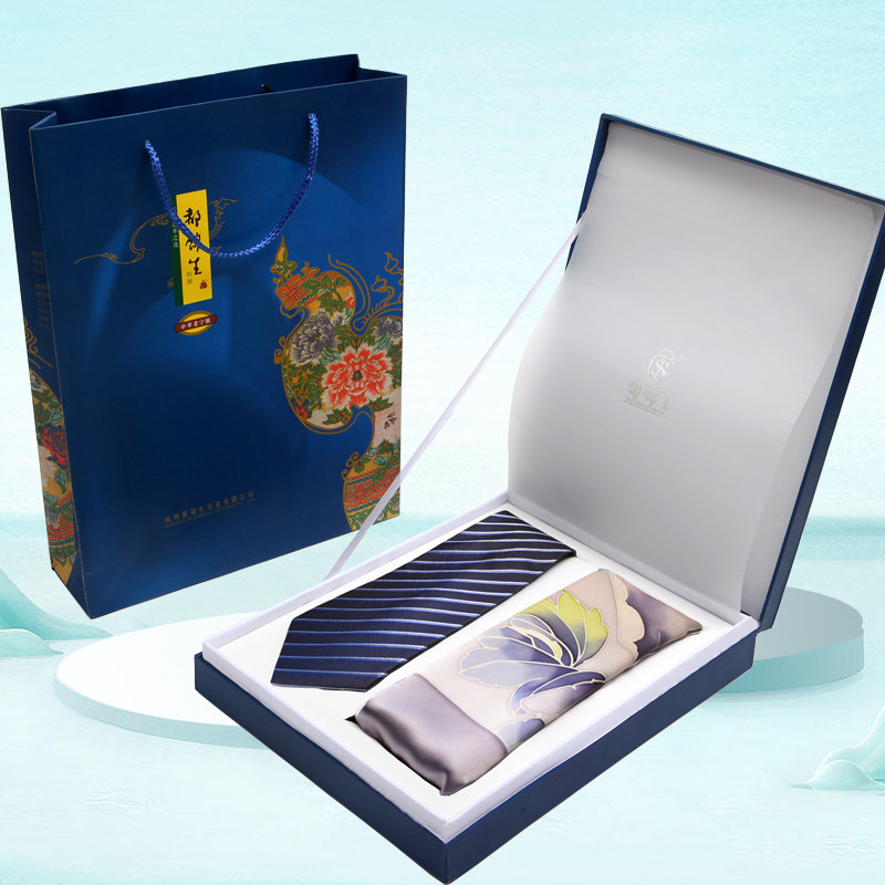 杭州丝绸都锦生丝巾领带真丝礼品套装手绘中国风桑蚕丝大方巾围巾