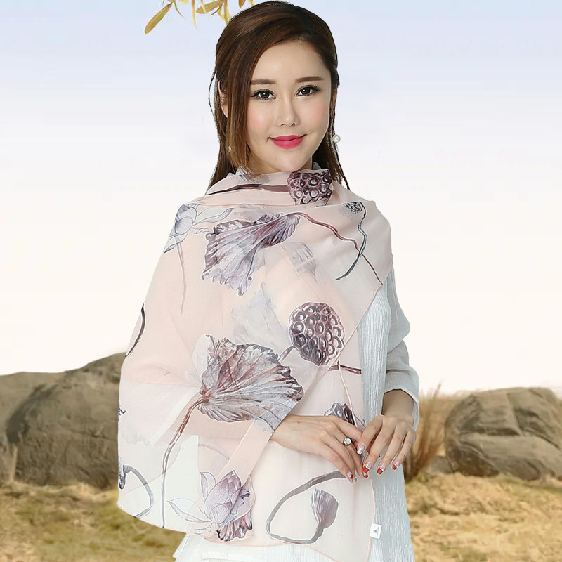 都锦生中老年真丝围巾秋冬季薄款长巾真丝乔其纱丝巾桑蚕丝绸披肩