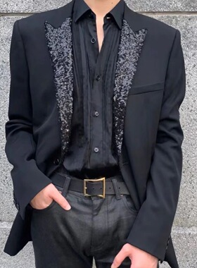 杨树林黑鳞片西服经典高级感奢潮高街走秀时装潮流大码男装春秋款