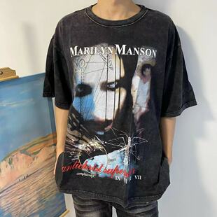 vtg三方联名曼森高品质水洗复古白墨印花重磅高街宽松短袖男女T恤