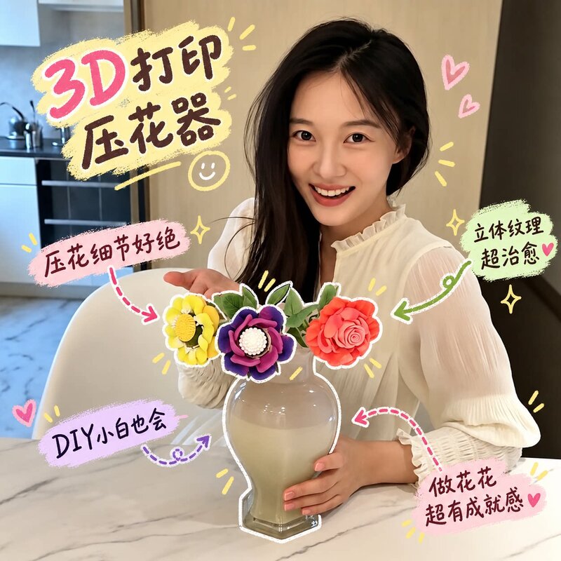 3D打印压花器创意儿童趣味玩具手工DIY橡皮泥鲜花解压神器送朋友
