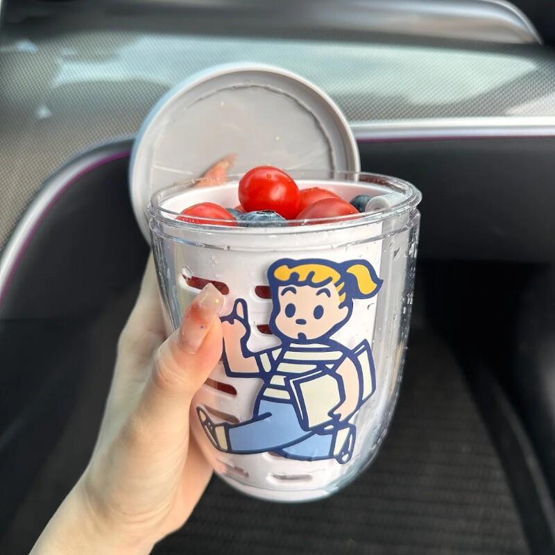 蔬菜外带水果杯双层防漏沙拉pp食品级可携式水杯沥水带叉子旅游上