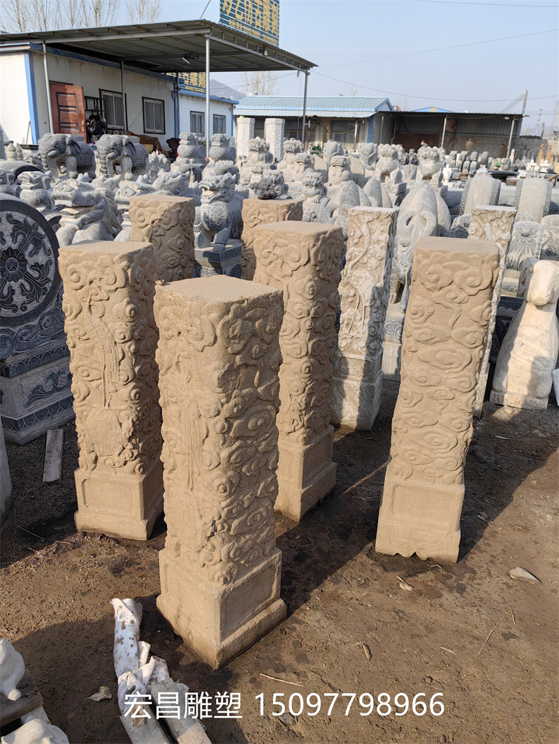 仿古汉白玉云柱拴马柱子古建景区复古石雕石柱青石做旧祥云柱定制