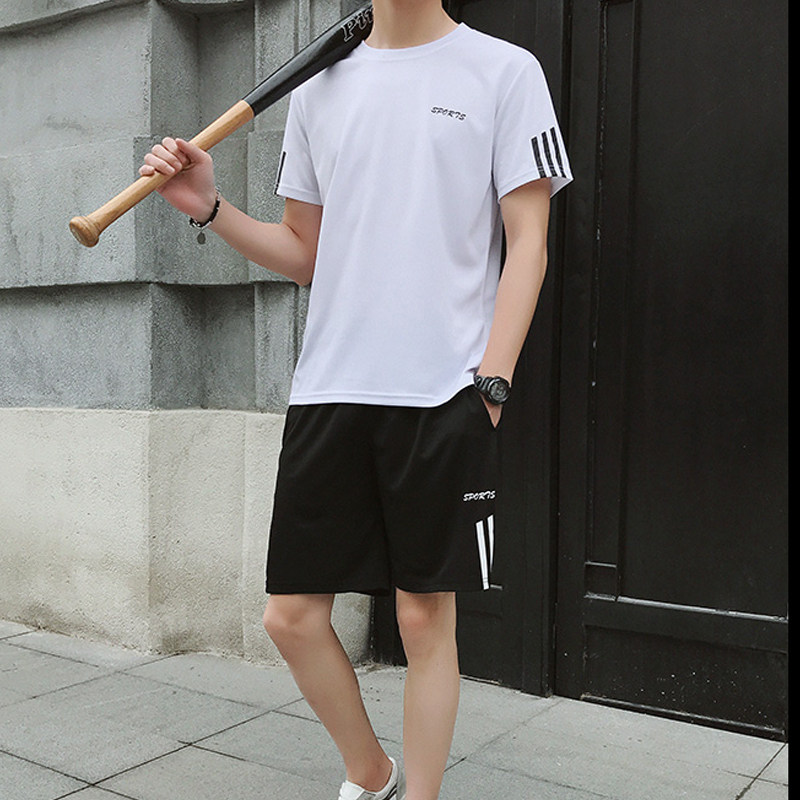 夏季休闲运动套装男士圆领短袖t恤宽松短裤一套初中学生港风ins潮