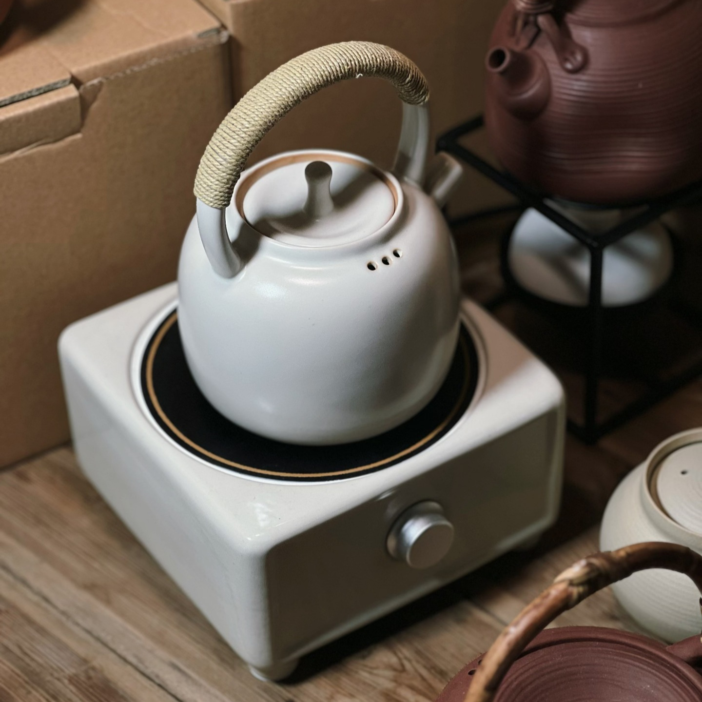 苏打釉养生白泥壶陶瓷烧水壶泡茶功夫煮茶壶提梁壶煮水壶明火