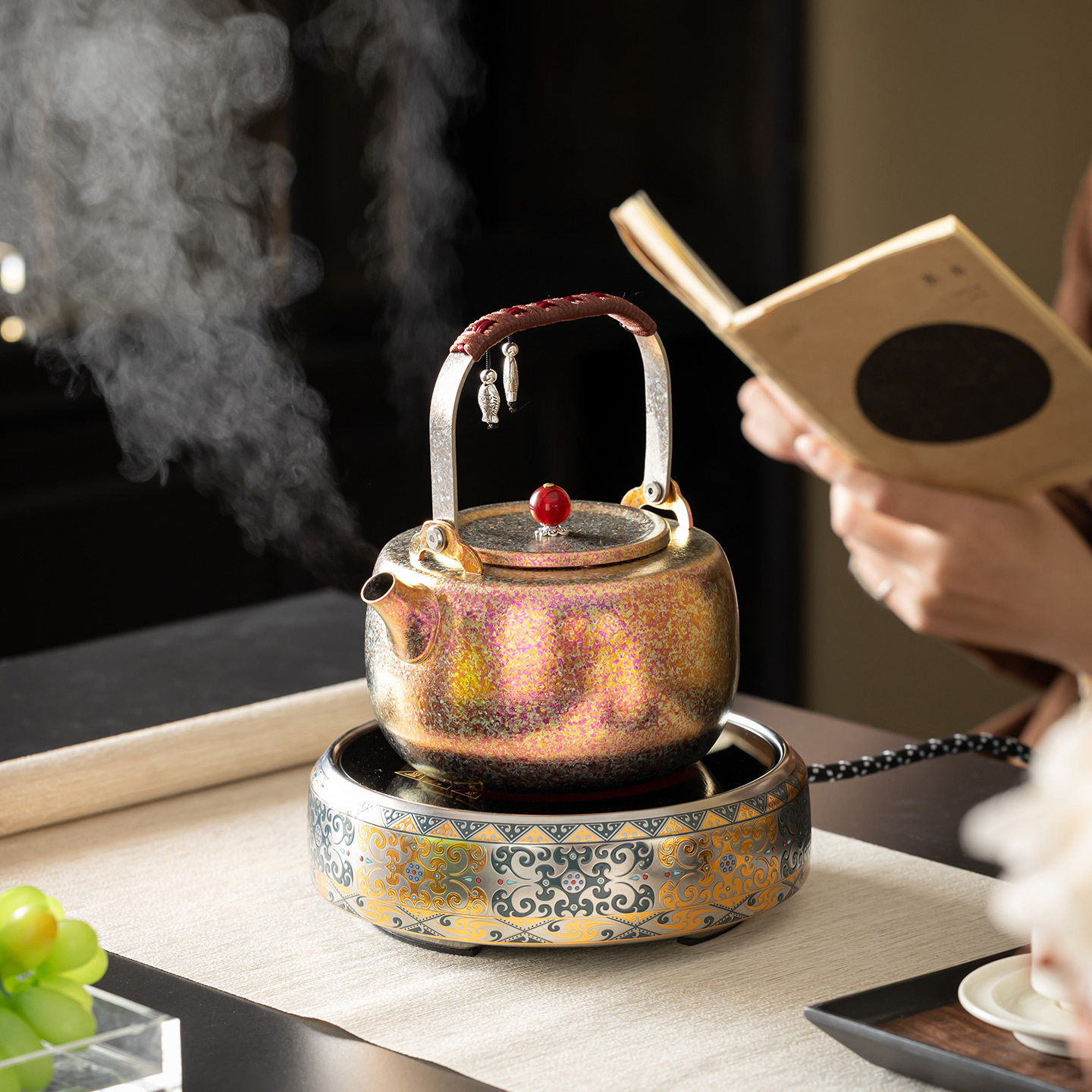 岳恒福韵金电陶炉煮茶炉香槟金钛壶煮茶壶玻璃煮茶壶茶炉套装茶具