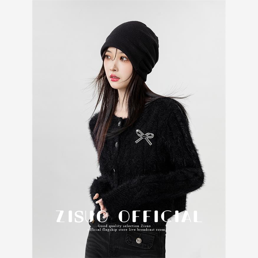 2025秋冬新款海马毛黑色毛衣上衣女士时尚蝴蝶结短针织开衫短上衣