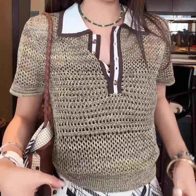 撞色镂空polo领短袖针织衫女包邮