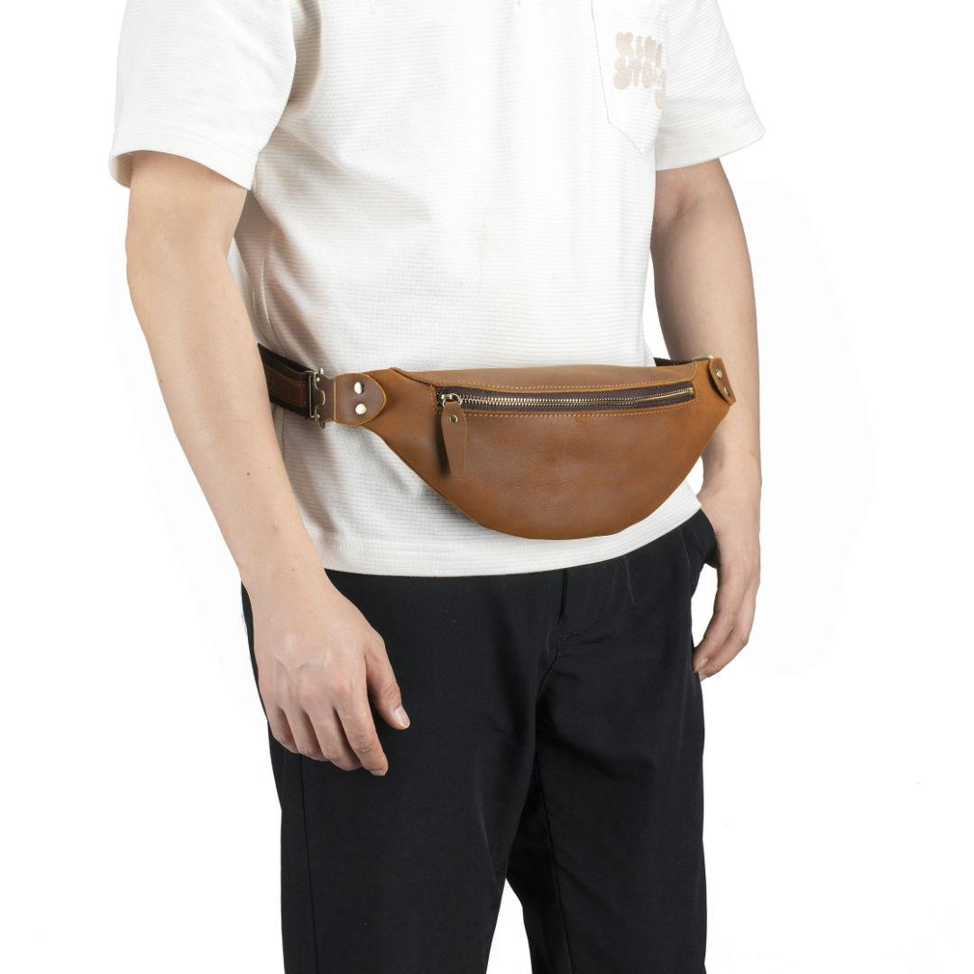 外贸出口头层牛皮包欧美复古真皮男胸前包新款休闲疯马皮男士腰包