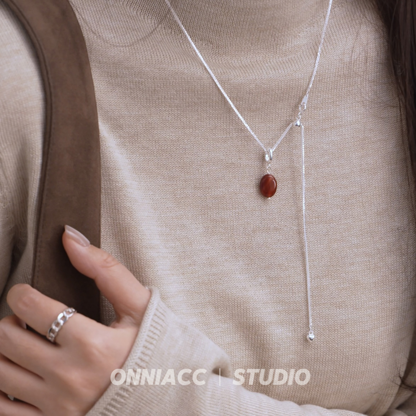 红色玛瑙椭圆项链女毛衣链纯银