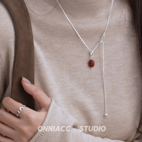红色玛瑙椭圆项链女毛衣链纯银