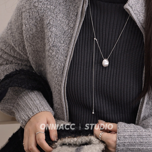 拉丝圆球椭圆鸽子蛋项链女长款 毛衣链纯银配饰秋冬高级感轻奢小众