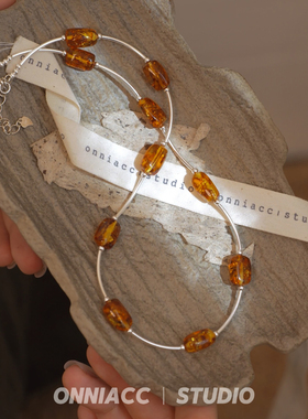 琥珀银管项链女短款锁骨链纯银