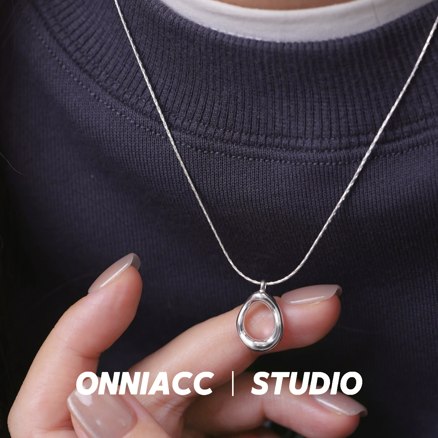 椭圆几何圆环项链纯银