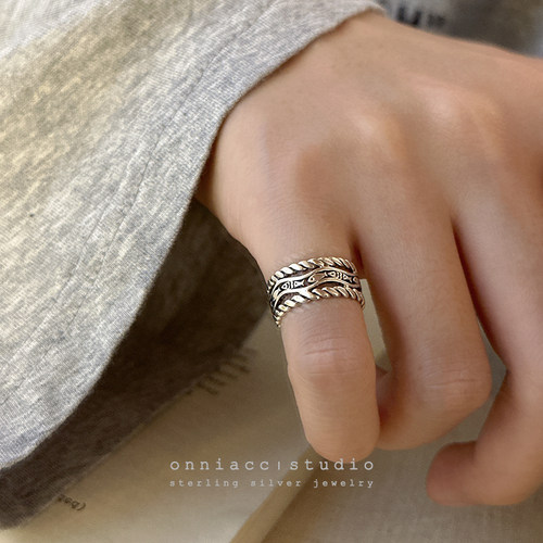 小鱼链条宽边戒指纯银