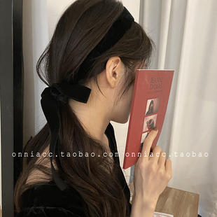 韩国黑色丝绒蝴蝶结长飘带发箍女头箍发饰绑带后挂式法式复古气质
