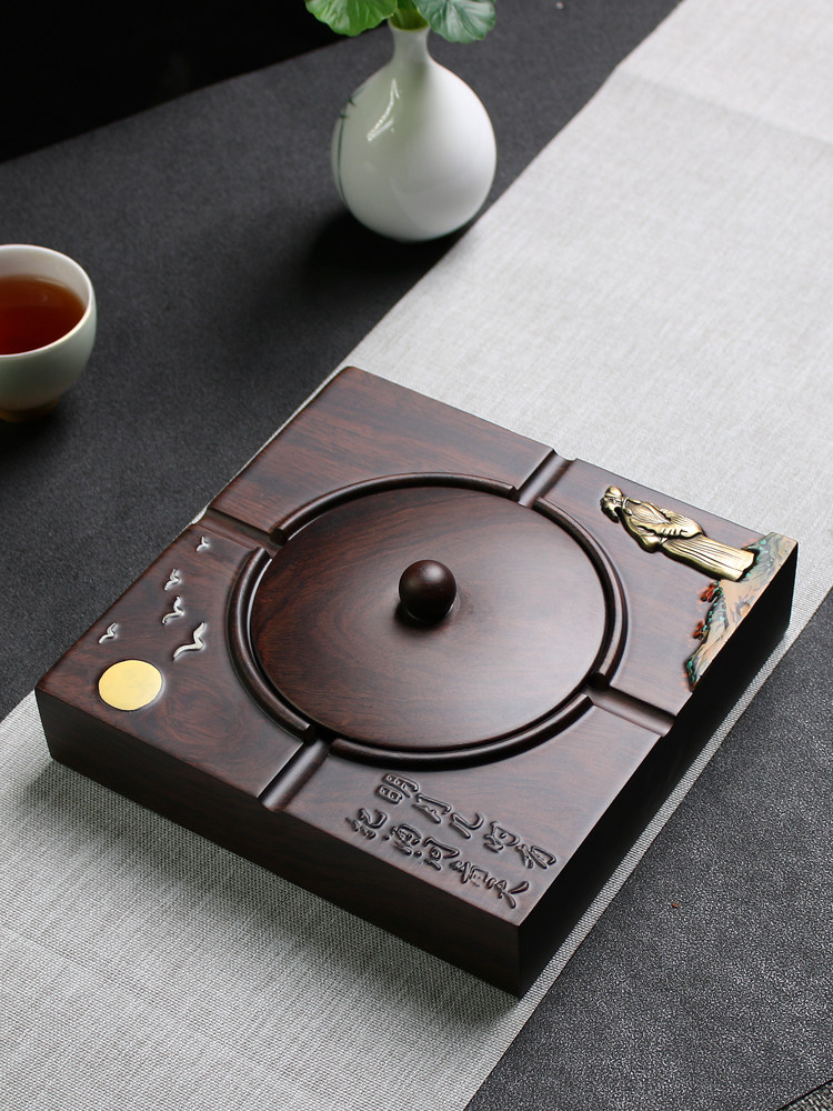 Ashtray with lid household windproof ashtray Creative personality trend living room ebony solid wood large retro Chinese style