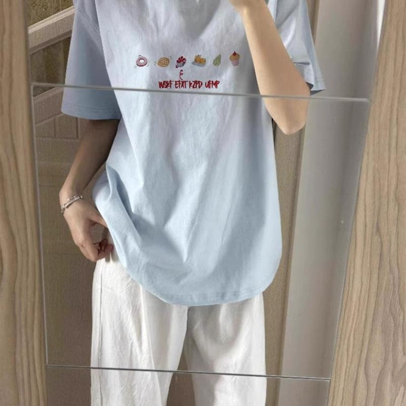 蓝色多巴胺短袖t恤女夏季2025新款韩系穿搭时尚洋气宽松绝美上衣
