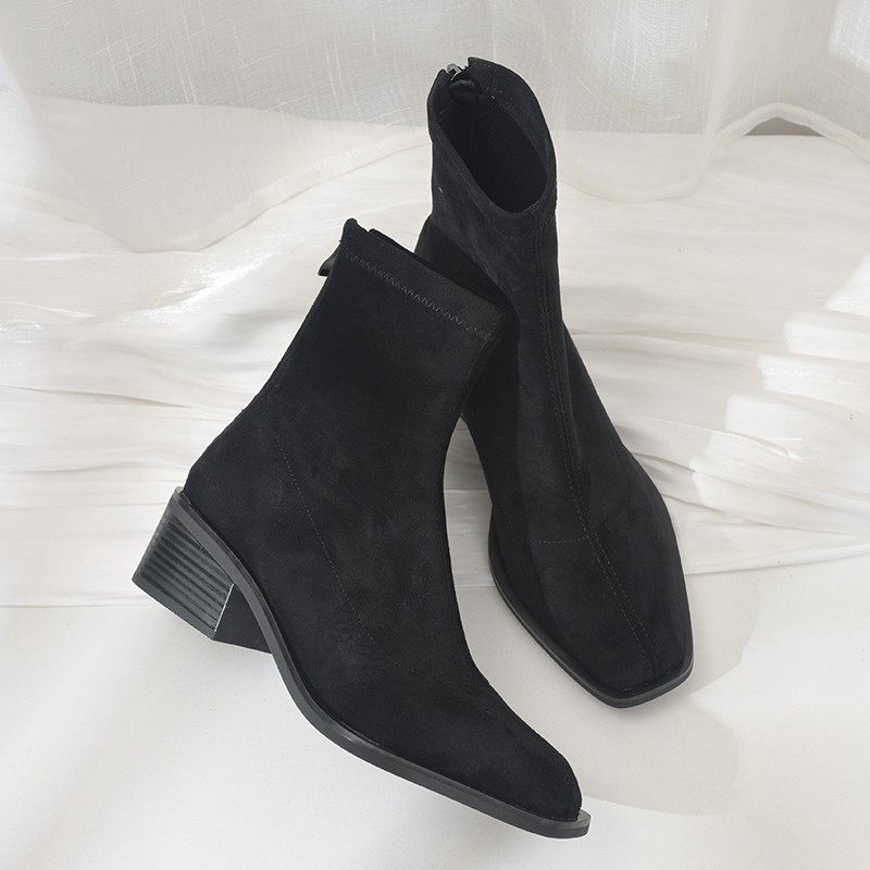 步享~ 方头绒面短靴子女2025春秋新款弹力瘦瘦靴粗跟单靴中跟袜靴,女鞋,弹力靴/袜靴,淘宝优惠券,粉丝福利购,淘宝优惠卷