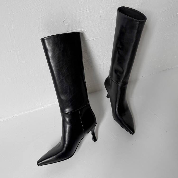 步享黑色尖头细跟高筒靴女长靴