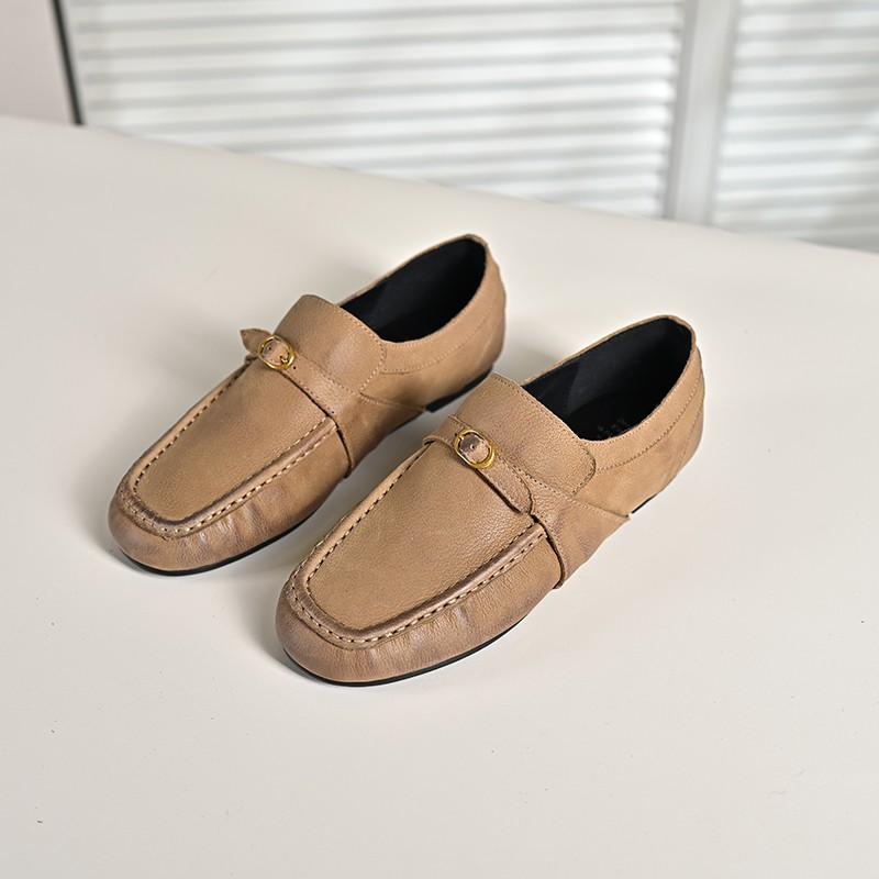 步享卡其色圆头平底豆豆鞋女软底