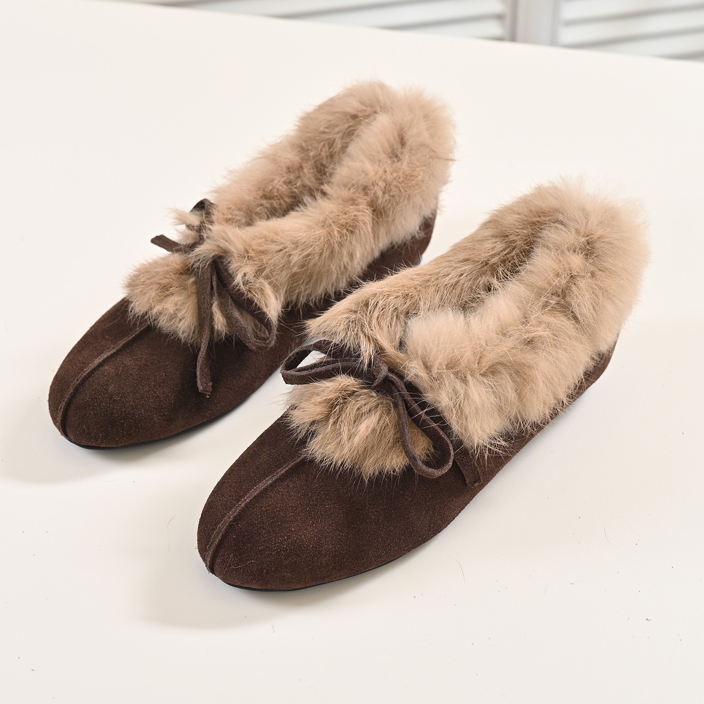 步享棕色圆头平底毛毛鞋冬季加绒
