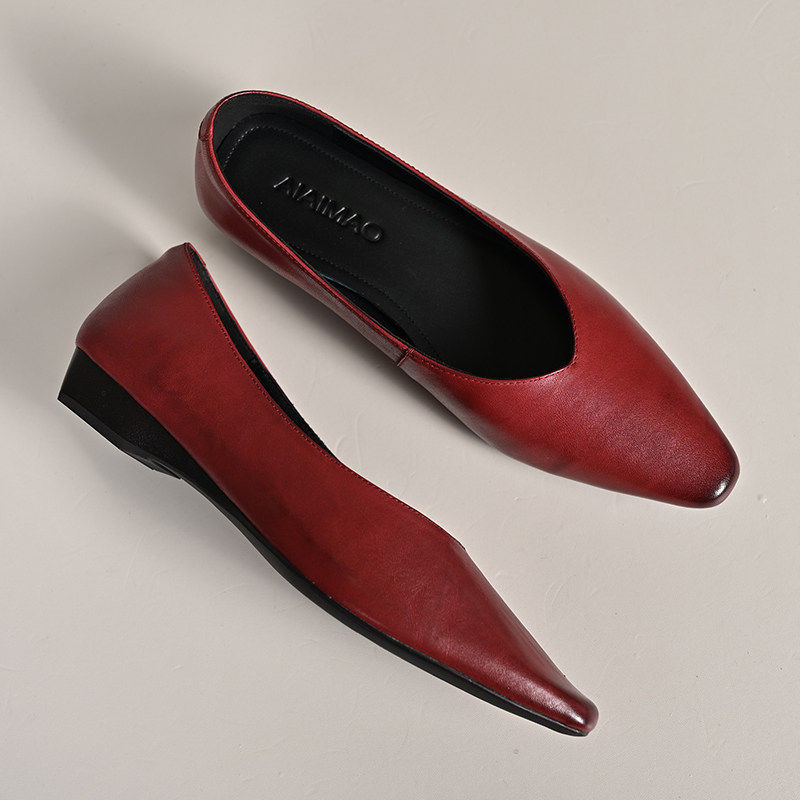~红色头层牛皮浅口单鞋女2026春新款通勤尖头平底奶奶鞋,女鞋,浅口单鞋,淘宝优惠券,粉丝福利购,淘宝优惠卷