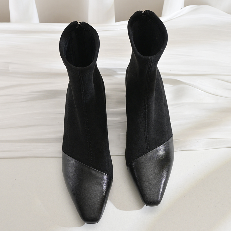 步享羊皮拼接绒面弹力靴短靴